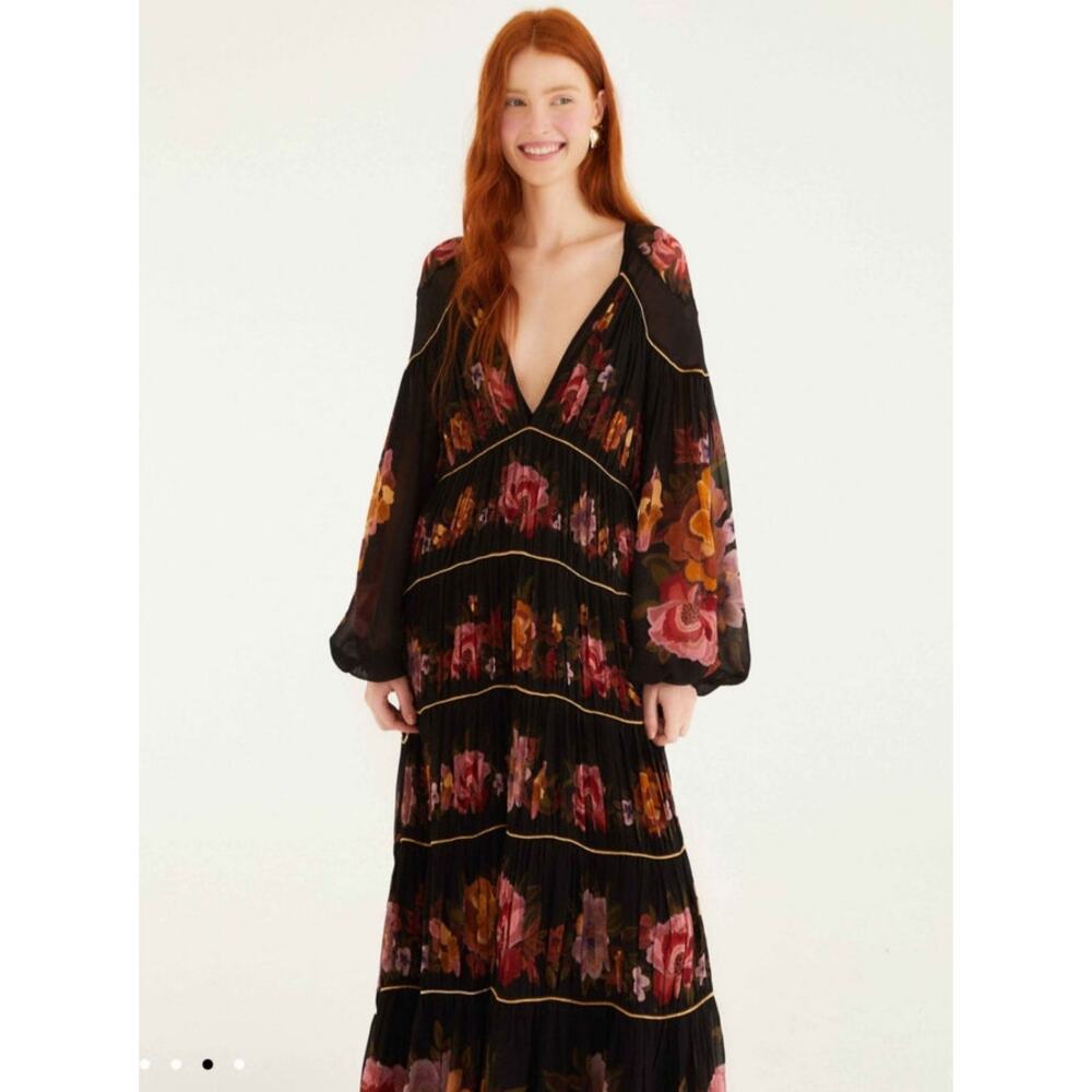 NWOT: FARM Rio Black Chenille Flowers Long Sleeve Midi Dress Size S - Picture 2 of 8